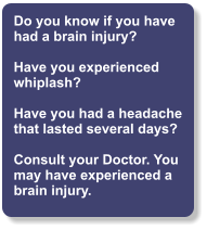 Do you know if you have had a brain injury?  Have you experienced whiplash?  Have you had a headache that lasted several days?  Consult your Doctor. You may have experienced a brain injury.